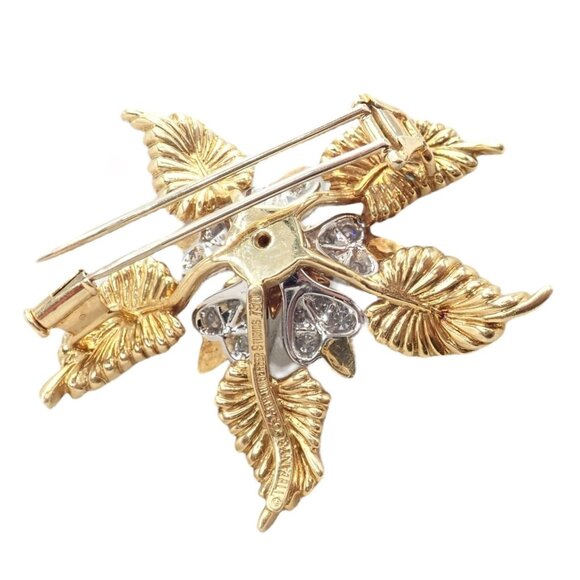 Tiffany & Co Schlumberger 18k Yellow Gold Platinum Diamond 5 Leaf Pin Brooch - Picture 3 of 11